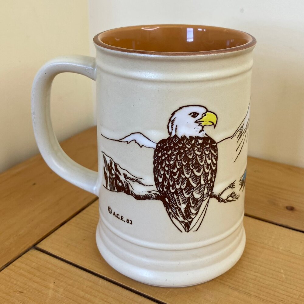 Alaska Bald Eagle Embossed Coffee Mug Vintage Ceramic Cup 1983 ACE Japan 16oz